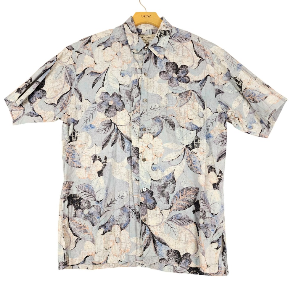 Tori Richard Mens Medium Blue Floral Cotton Lawn Short Sleeve Aloha Button Shirt